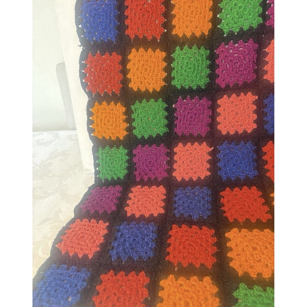 Colorful Multicolored Handmade Granny Sq Crochet Afghan Blanket 66 x 46 Inches - Picture 4 of 5